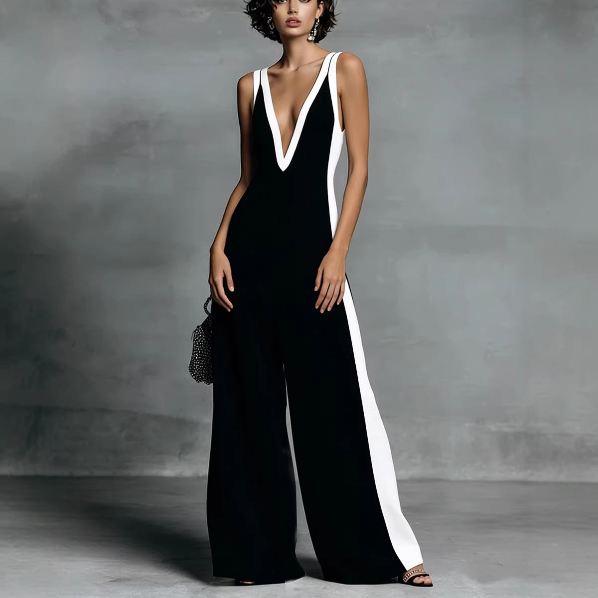 Sleeveless Womens V-Neck Contrasting Color Wide-Leg Jumpsuit 