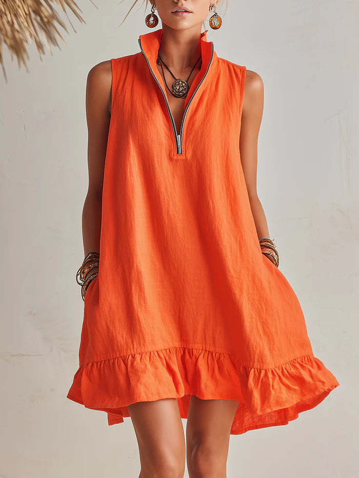 New Stylish Casual Loose Half-Zip Sleeveless Dress With Ruffle Hem 