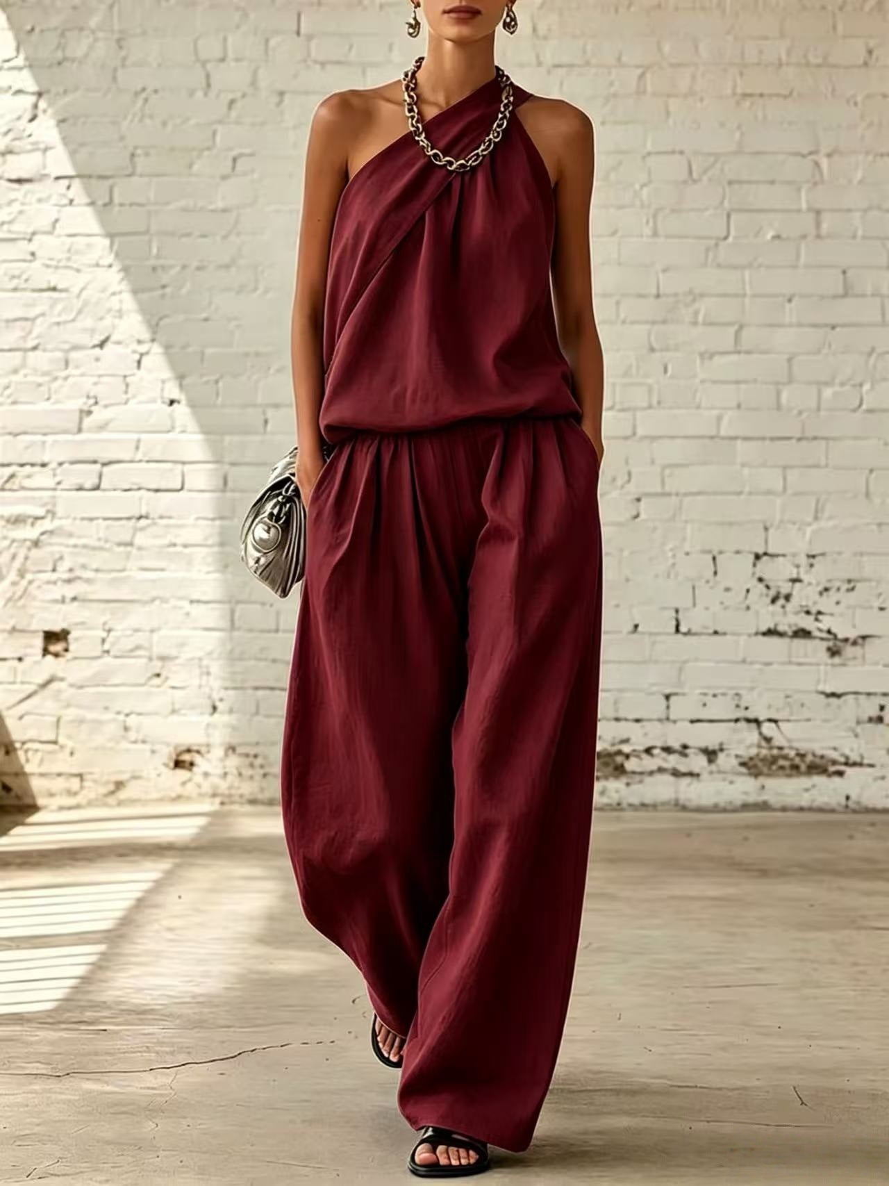 Cotton-linen Sleeveless Double-layer Top And Wide-leg Pants Set 