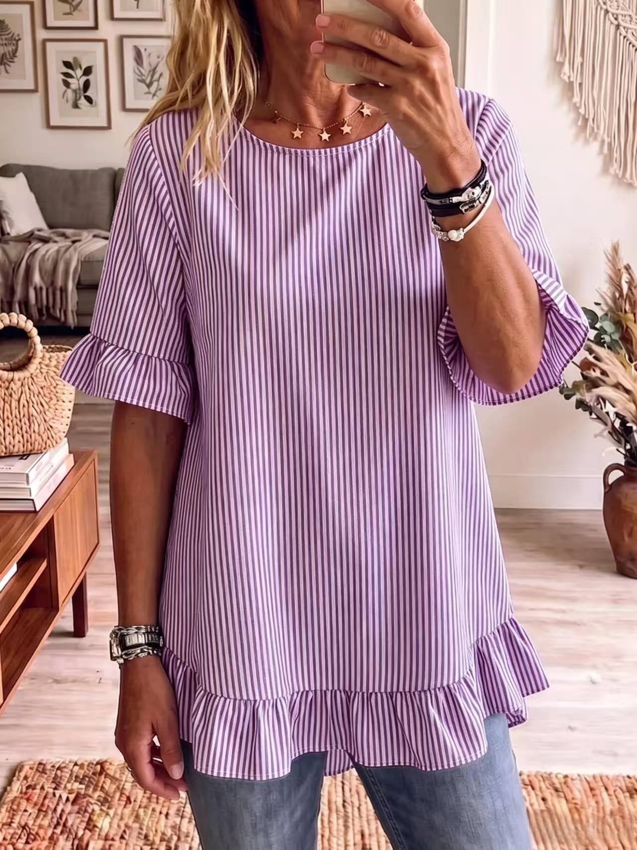 Womens Striped Loose-fit Casual Ruffled-edge Blouse 
