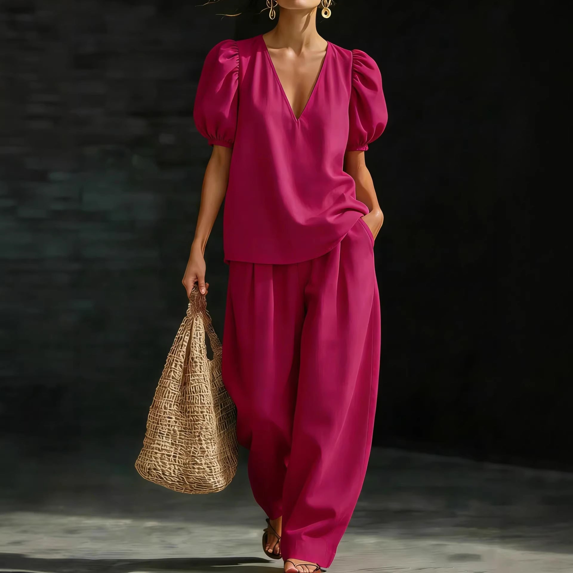 V-Neck Short-Sleeve Fashionable Casual Womens Set 