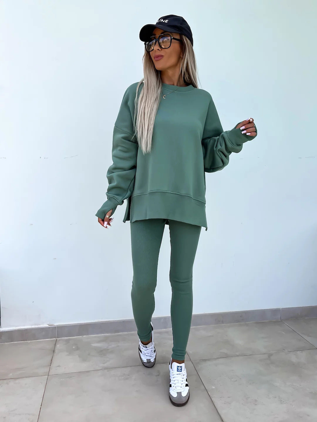 Sweater Suit Women's Casual Loose Long Sleeve Crew Neck Split Top Tight Trousers 