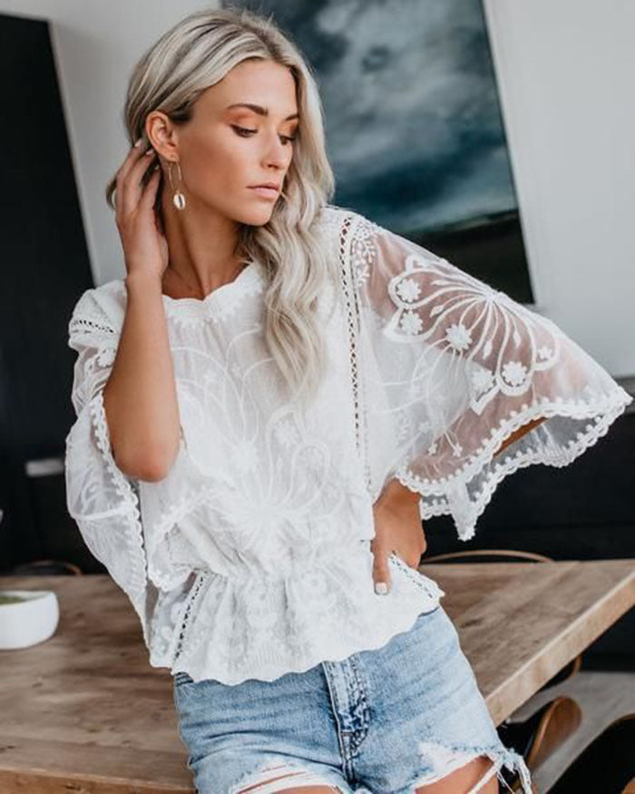 Womens New Arrival Lace Trim Top Short-Sleeve Shirt Loose Batwing Sleeve 