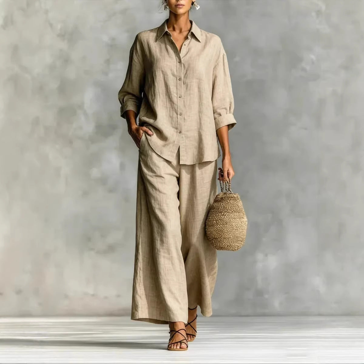 Women's Cotton And Linen Wide-leg Pants Suit 