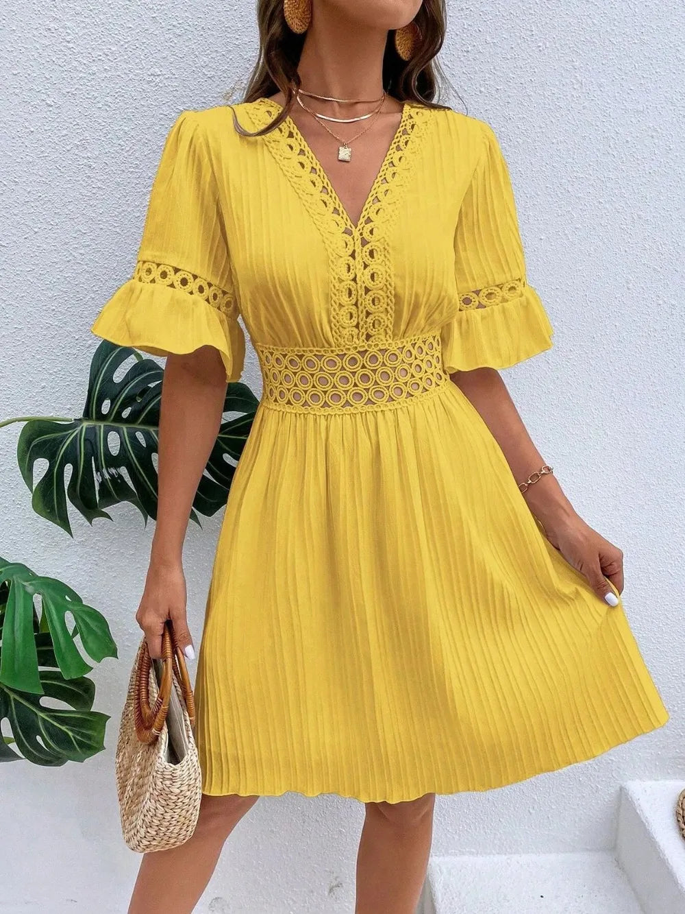 Cutout V-Neck Flounce Sleeve Mini Dress 
