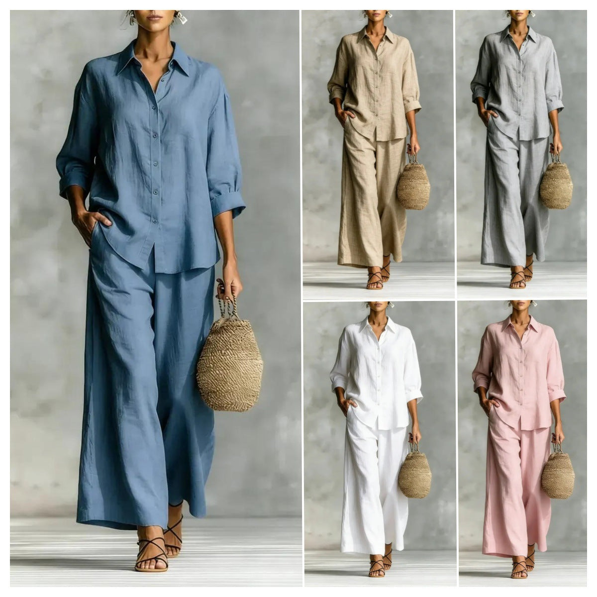 Women's Cotton And Linen Wide-leg Pants Suit 