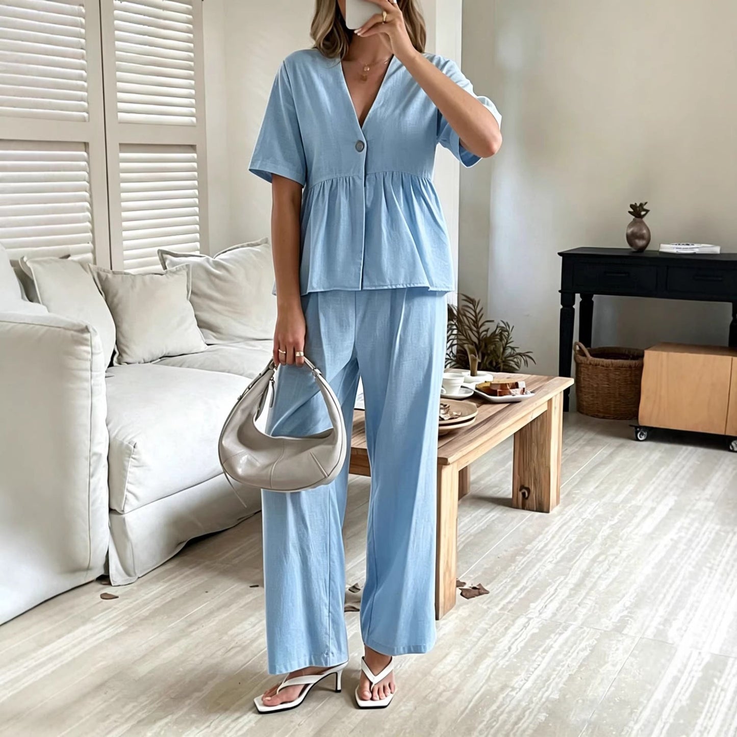 V-neck Loose-fit Short-sleeve Top And Wide-leg Pants Two-piece Set 