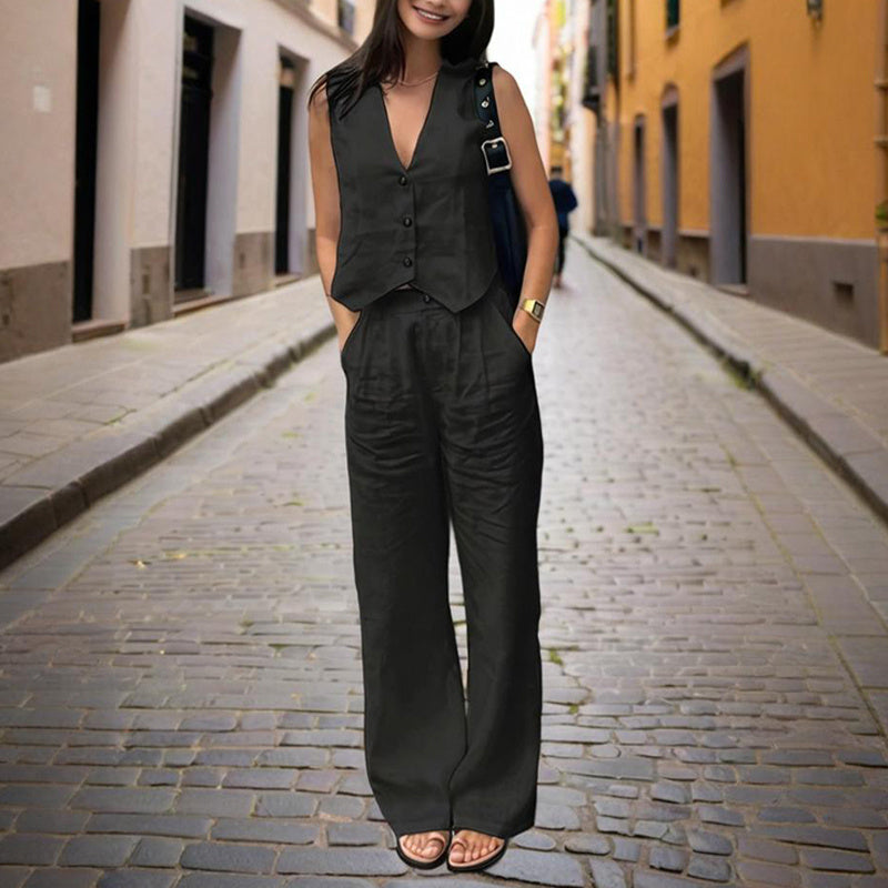 Women’s V‑Neck Button‑Front Vest & High‑Waist Pants Set CJ US