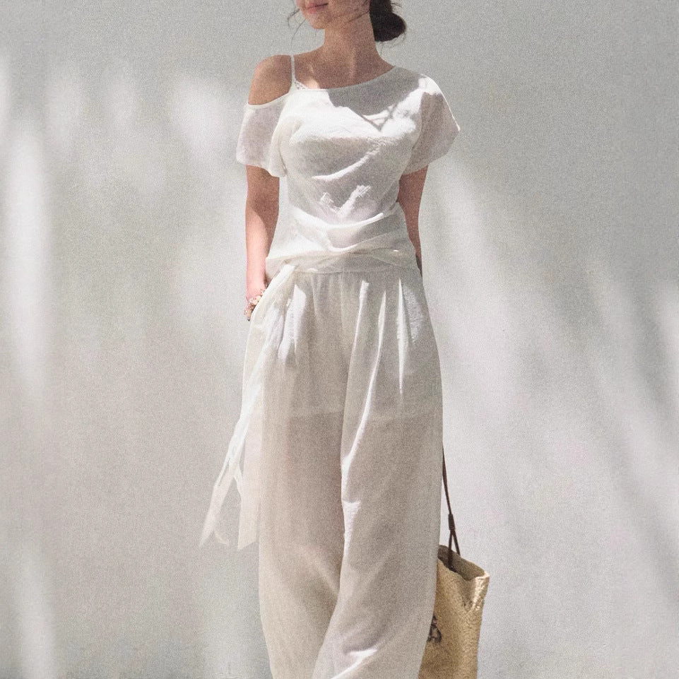 Linen Off-shoulder Short-sleeve Shirt Casual Set 