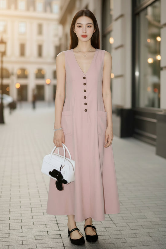 Women's Stylish & Elegant Solid-Color V-Neck Button-Up Dress 