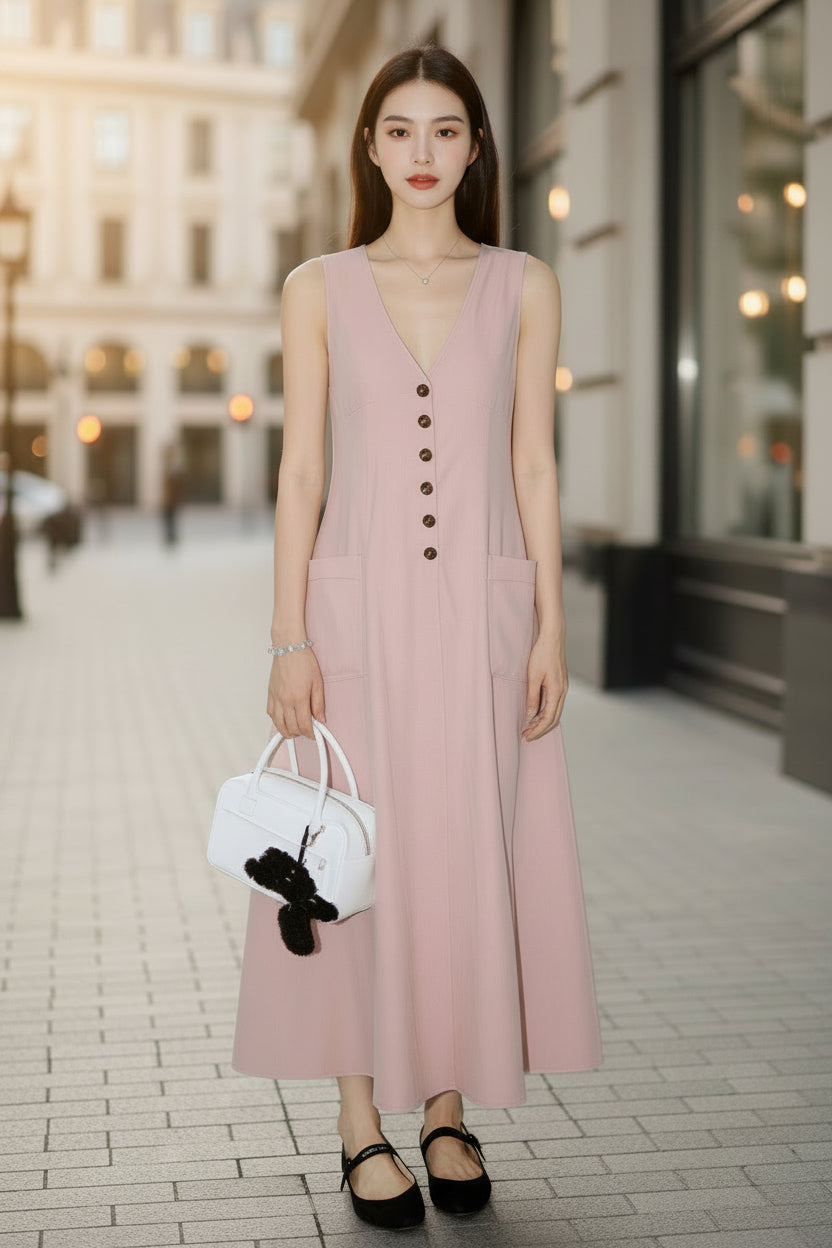 Women's Stylish & Elegant Solid-Color V-Neck Button-Up Dress 