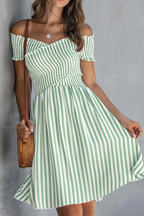 Off-the-shoulder Striped Waist-cinching Dress European And American Style 