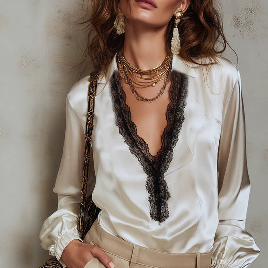 V-neck shirt women's contrasting black lace patchwork lantern long sleeved top 