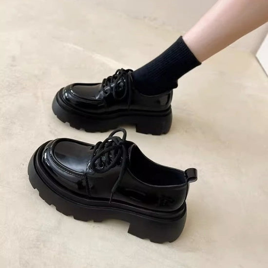 New Years Womens British-Style Chunky Sole Leather Shoes 