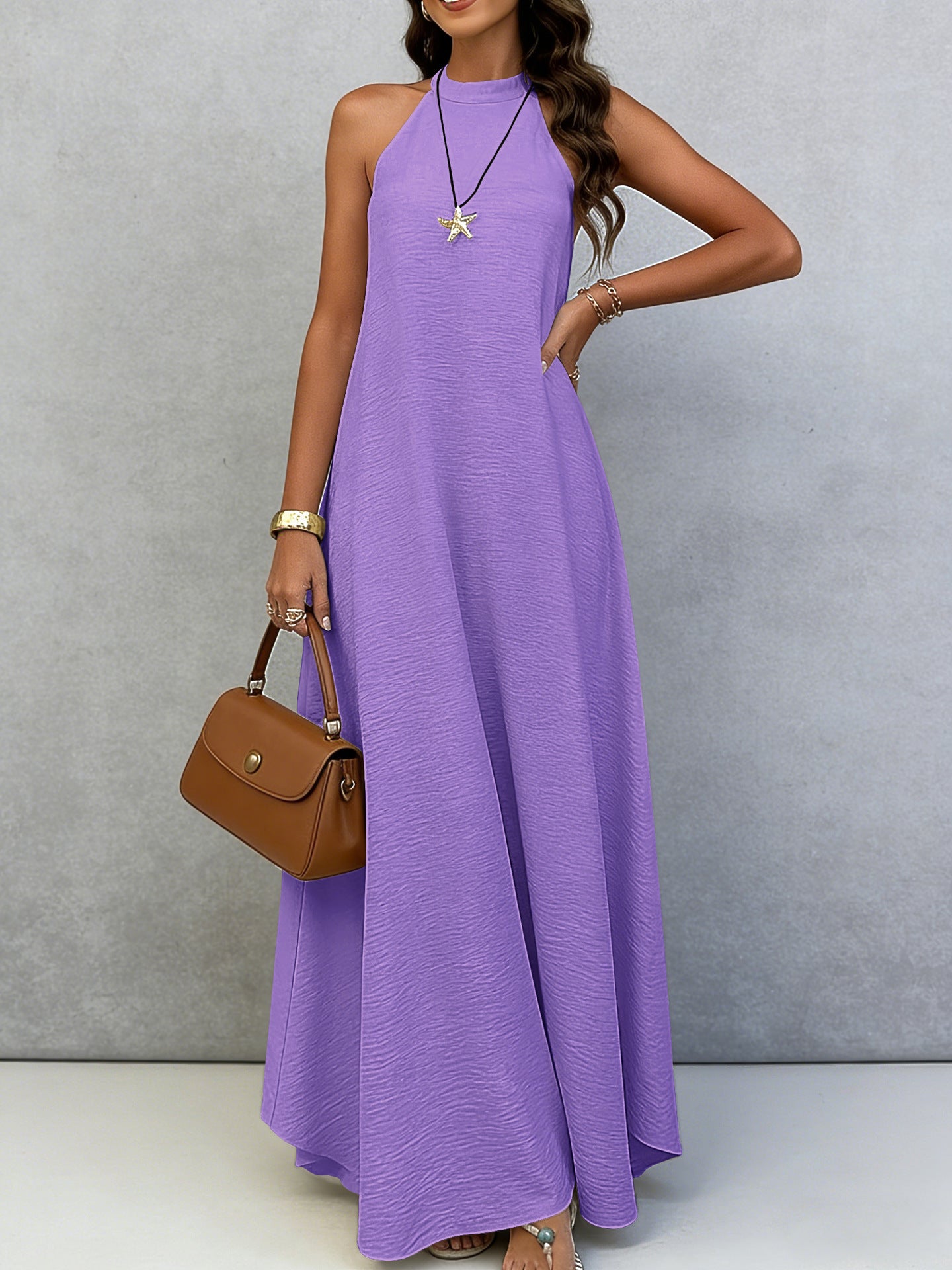 Women Summer Ice Silk Wrinkle Loose Plus Size Sleeveless Solid Color Swing Long Maxi Dress Vacation Style 