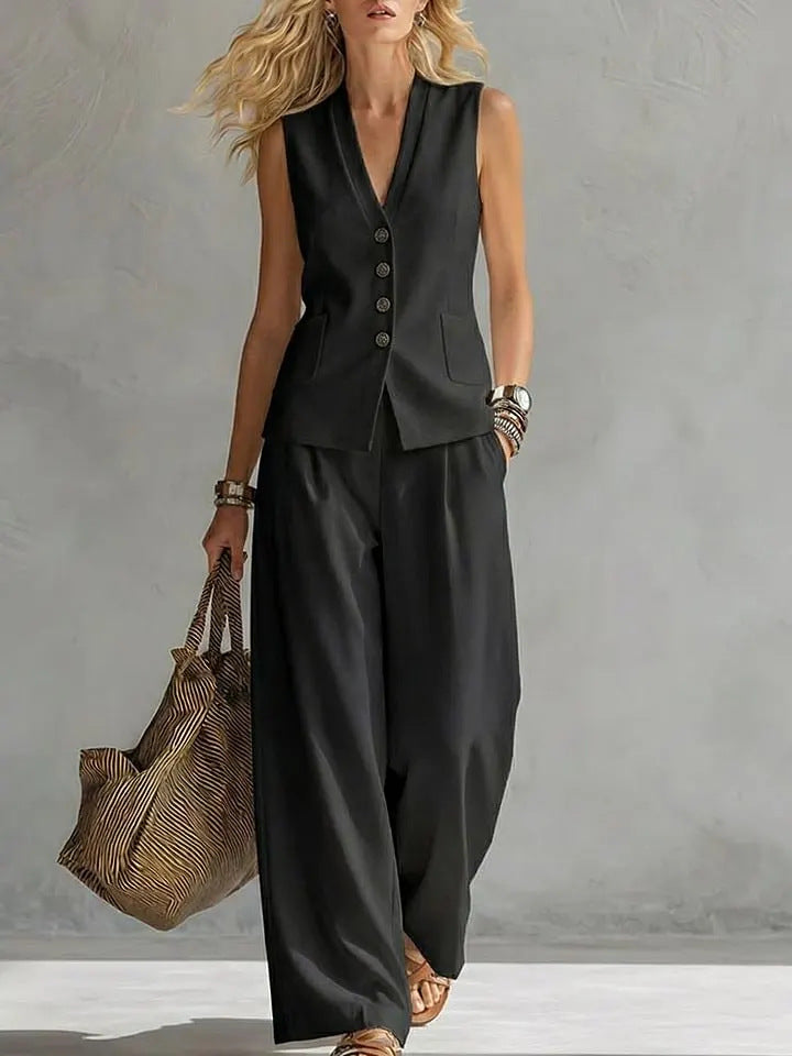 Womens Solid-Colored Sleeveless Casual Linen Tank Top And Pants Set 