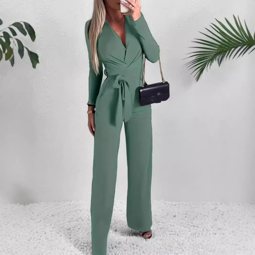 Ladies' Fashionable Slim Fit Sexy V-neck Long Sleeved Slimming Jumpsuit 