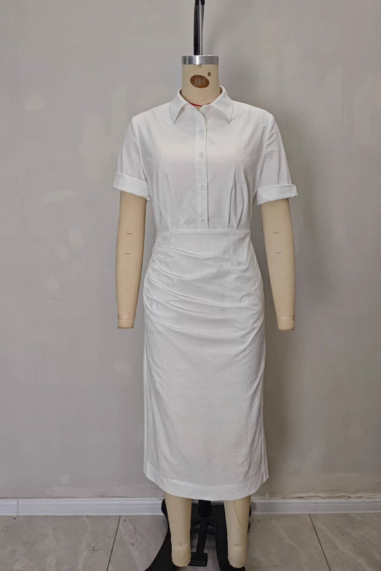 Solid color waist folded shirt long dress 