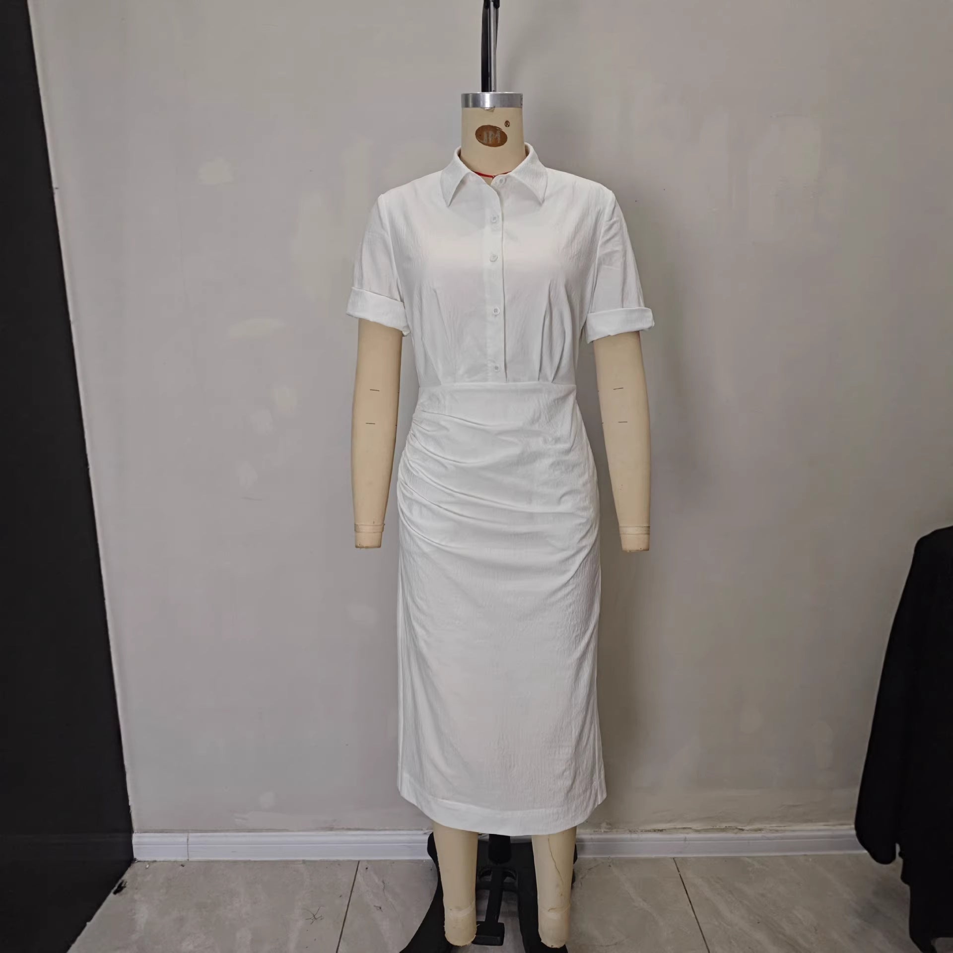 Solid color waist folded shirt long dress 