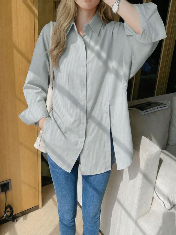 New women's solid color long sleeved shirt with button side slit 