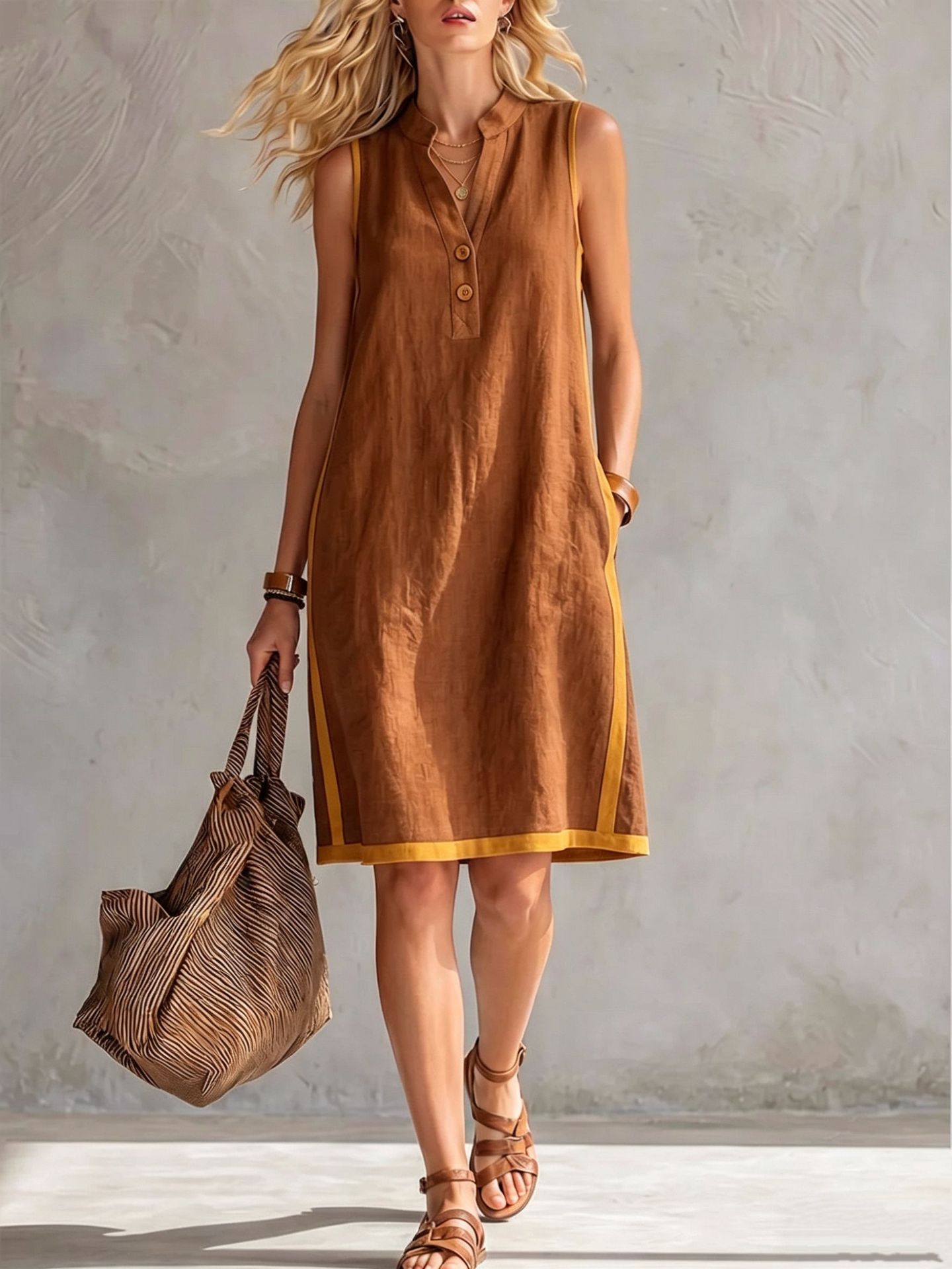 Sleeveless V-neck Pocketed Button Casual Dress 