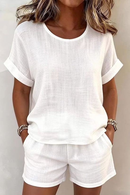 Solid-color Casual Round-neck Short-sleeve Shorts Two-piece Set 