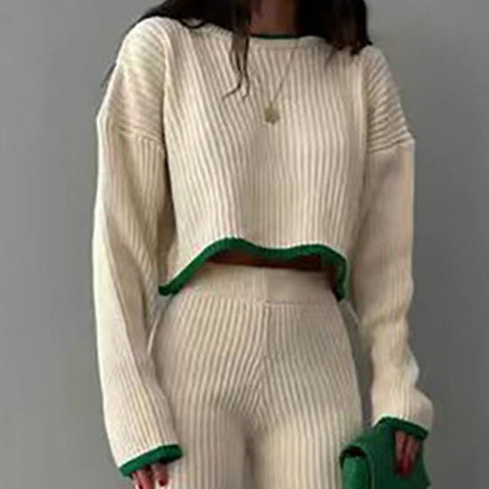 Women's Casual Color-Block Two Piece Set, Long Sleeve Crop Top With Slim Slit Pants, Spring&Autumn Comfort Outfit 