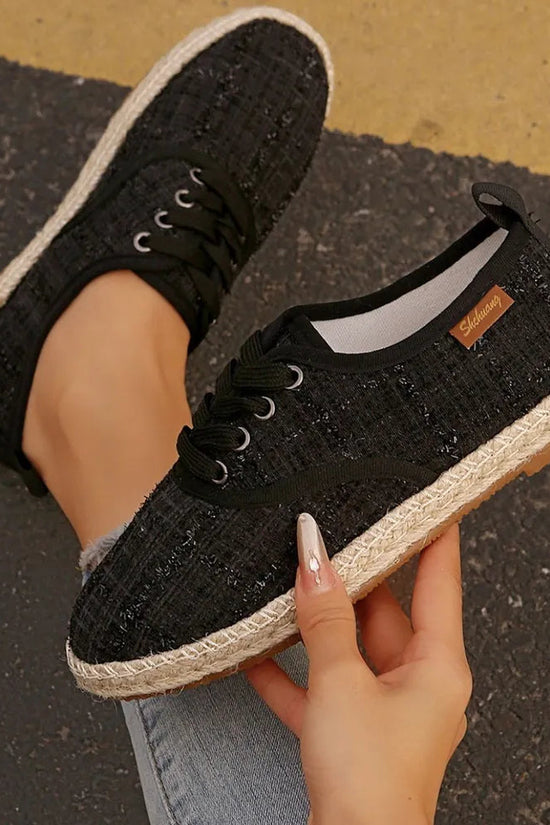 Lace Up Round Toe Flats Tweed Sneakers 