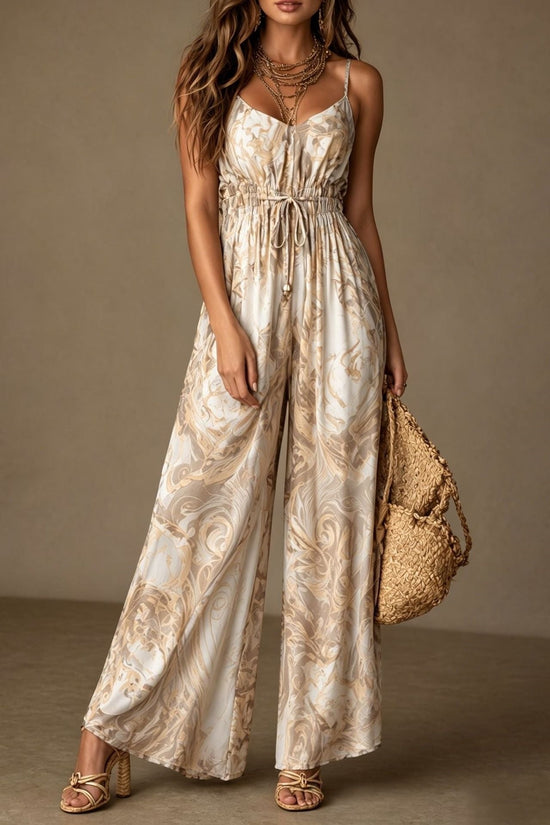Printed camisole backless loose wide leg jumpsuit