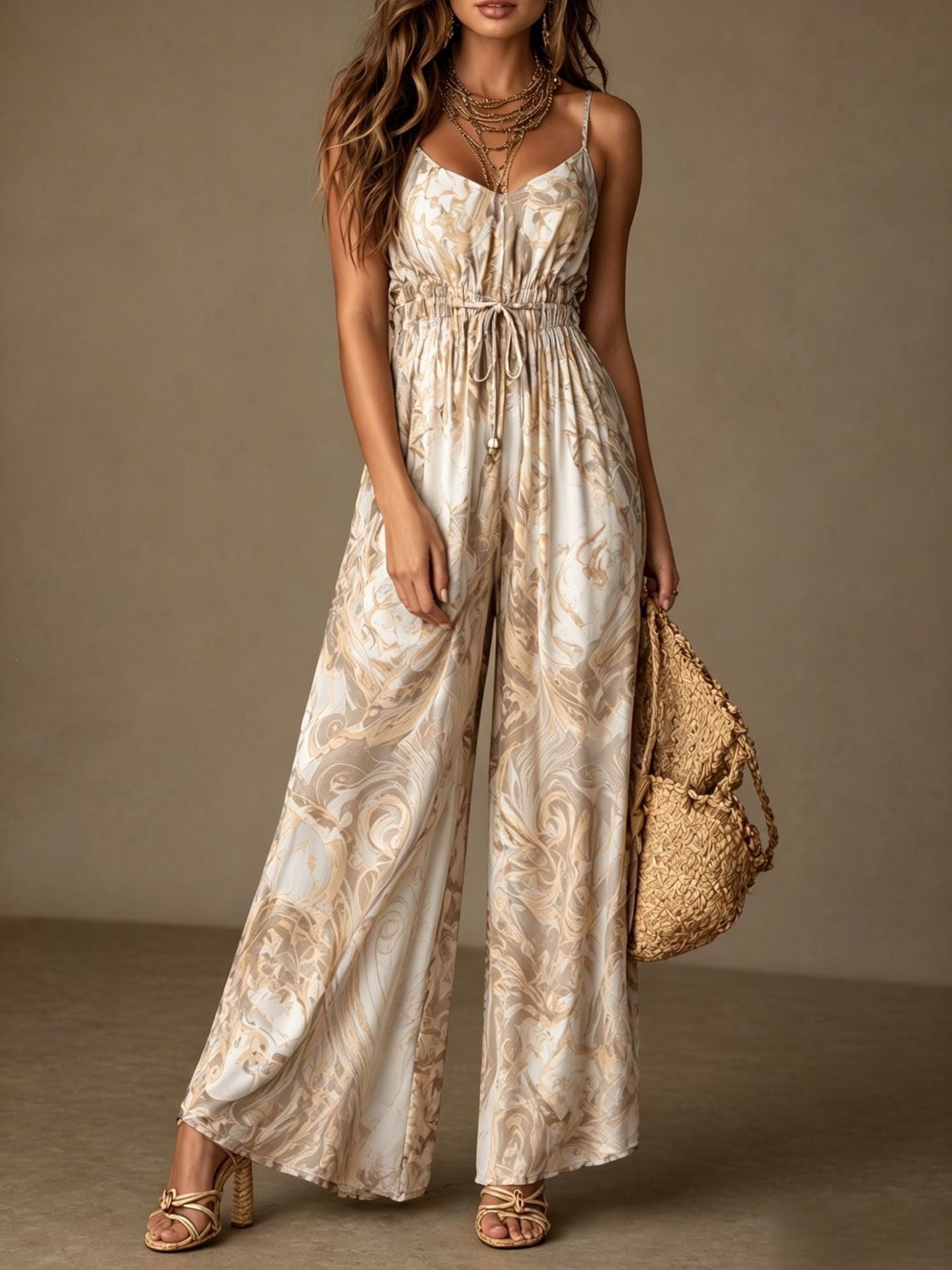Printed camisole backless loose wide leg jumpsuit