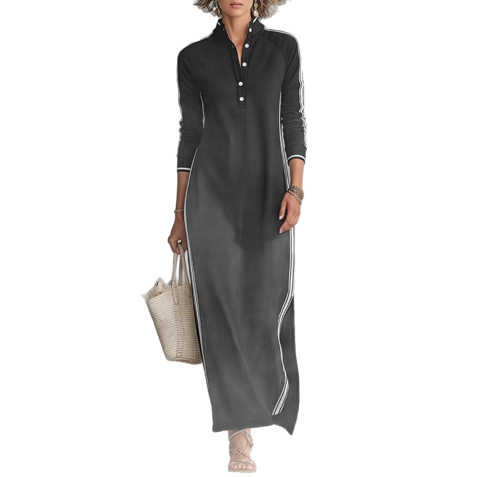 Long skirt women's simple white rolled edge button neck hoodie dress 