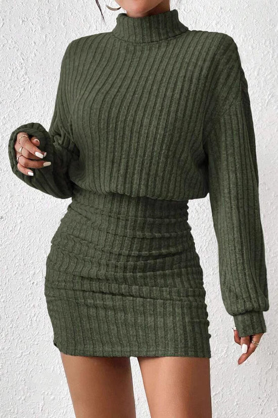 Hip hugging long sleeved high neck striped knitted sexy dress