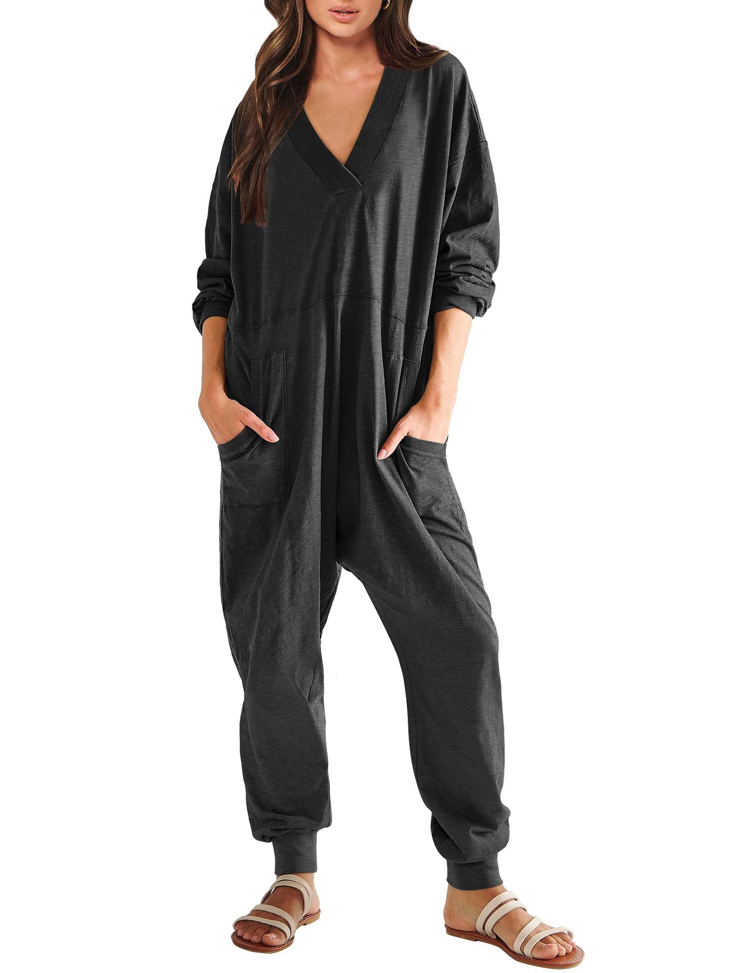 Women's V-neck Long Sleeve Solid Color Loose Jumpsuit With Two Side Pockets 