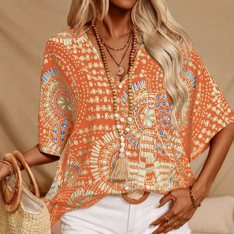 Mandala Print V-Neck Blouse – Casual Vacation Top CJ US