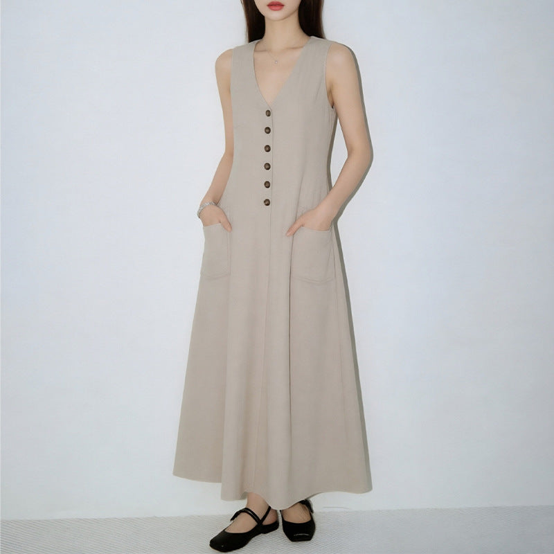 Women's Stylish & Elegant Solid-Color V-Neck Button-Up Dress 