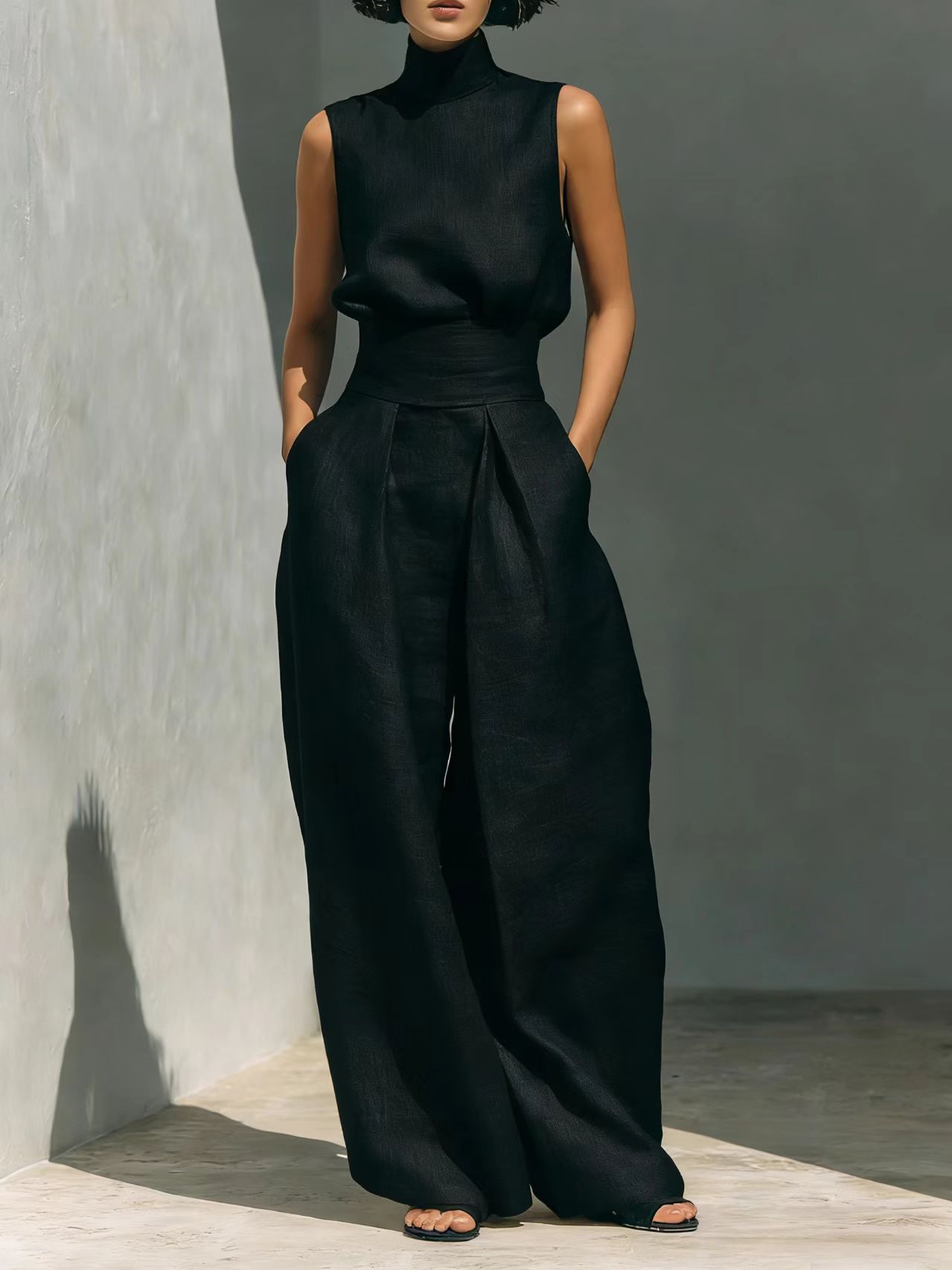 Women’s Cotton Linen Two-Piece Set – Sleeveless Top & Wide-Leg Pants 