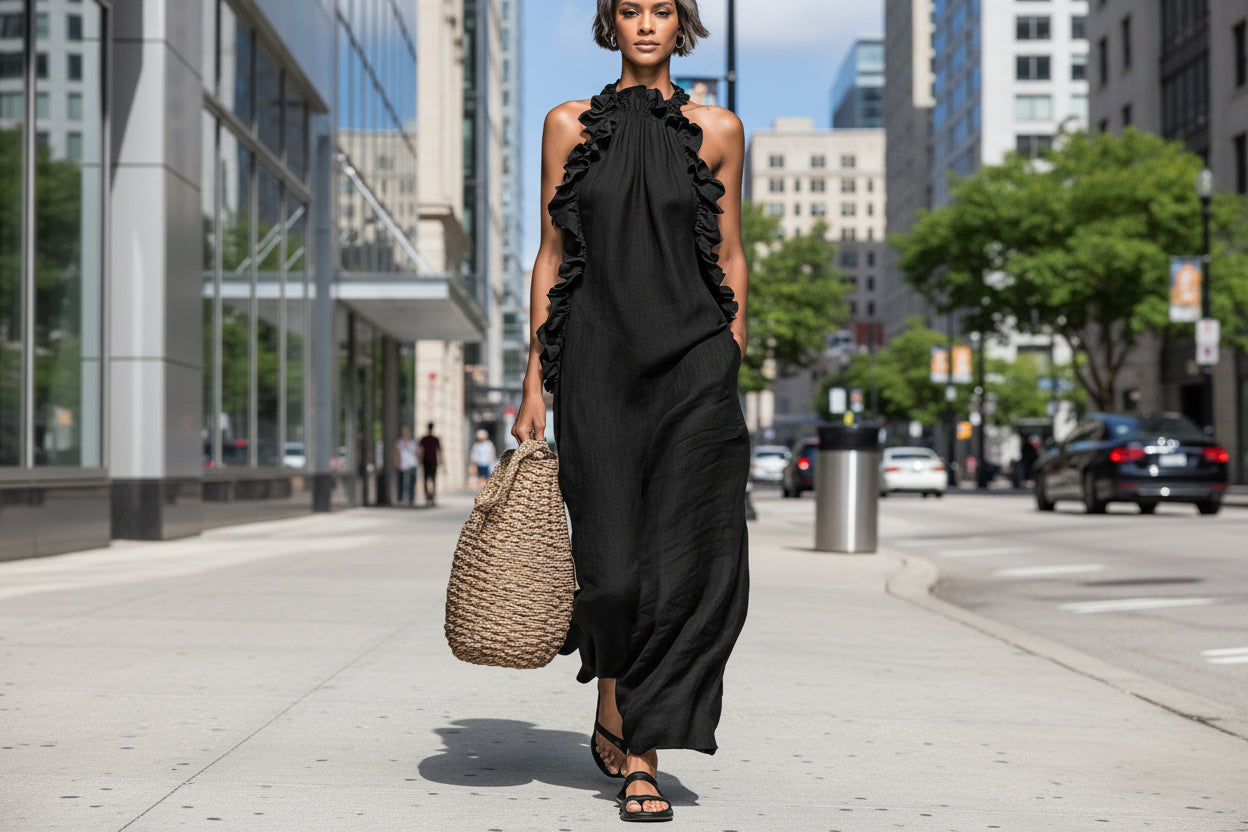 Resort-style Ruffled Halterneck Sleeveless Dress Loose-fitting And Figure-flattering Maxi Skirt 