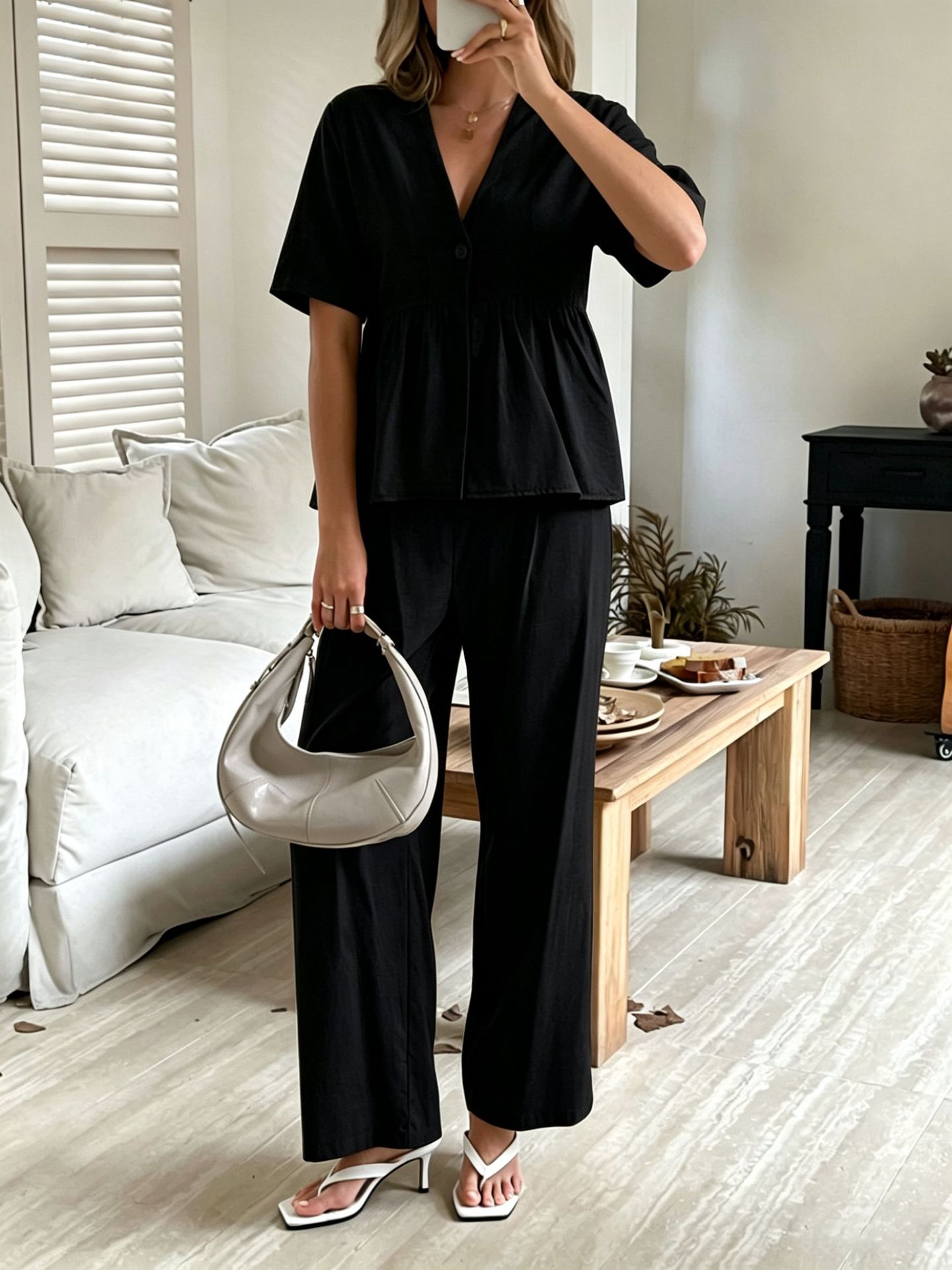 V-neck Loose-fit Short-sleeve Top And Wide-leg Pants Two-piece Set 