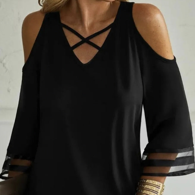 Women’s Off-Shoulder Cross Collar Long Sleeve Top CJ US