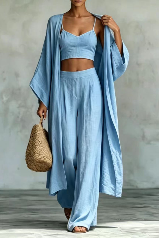 Loose cardigan short strap high waist wide leg pants set 