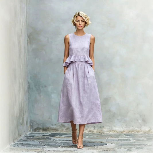 Sleeveless Crew-Neck High-Waisted Ruffle-Trim Resort-Style Dress 