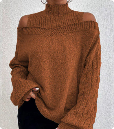 Women’s Elegant Off-Shoulder Turtleneck Sweater — Long Sleeve Knit Top 