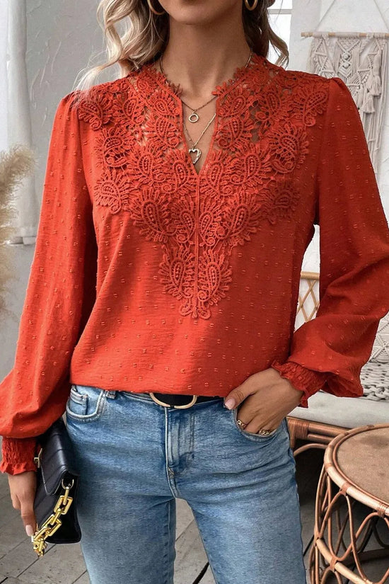 Swiss Dot Lace Detail Notched Long Sleeve Blouse 