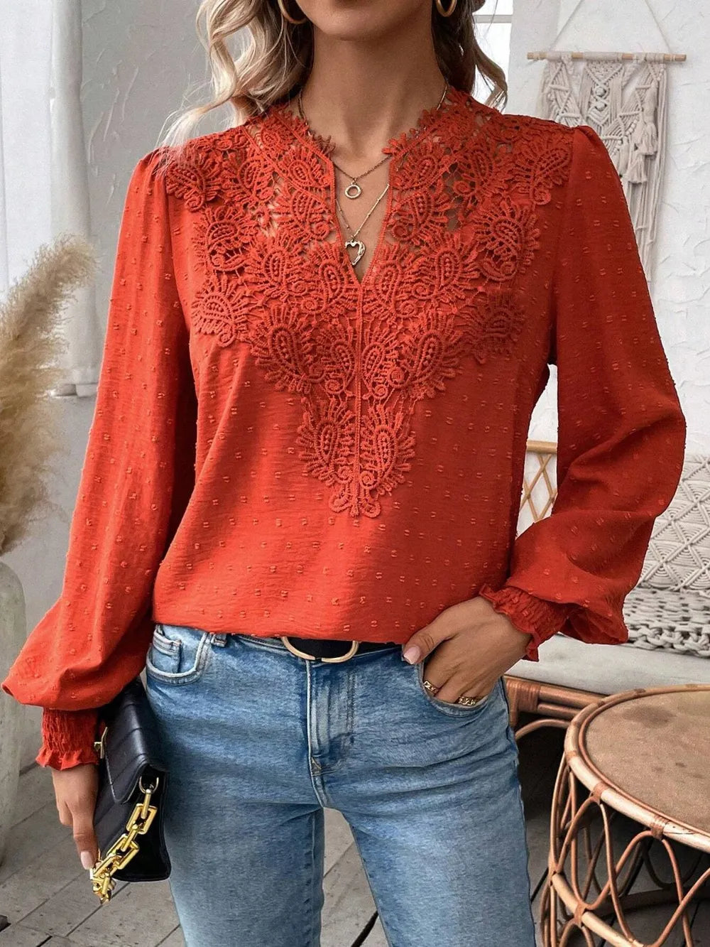 Swiss Dot Lace Detail Notched Long Sleeve Blouse 