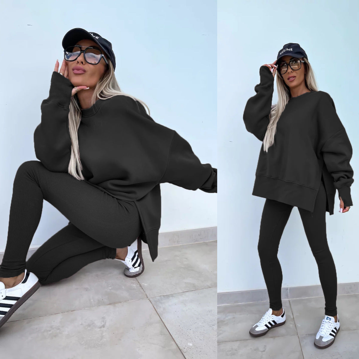 Sweater Suit Women's Casual Loose Long Sleeve Crew Neck Split Top Tight Trousers 