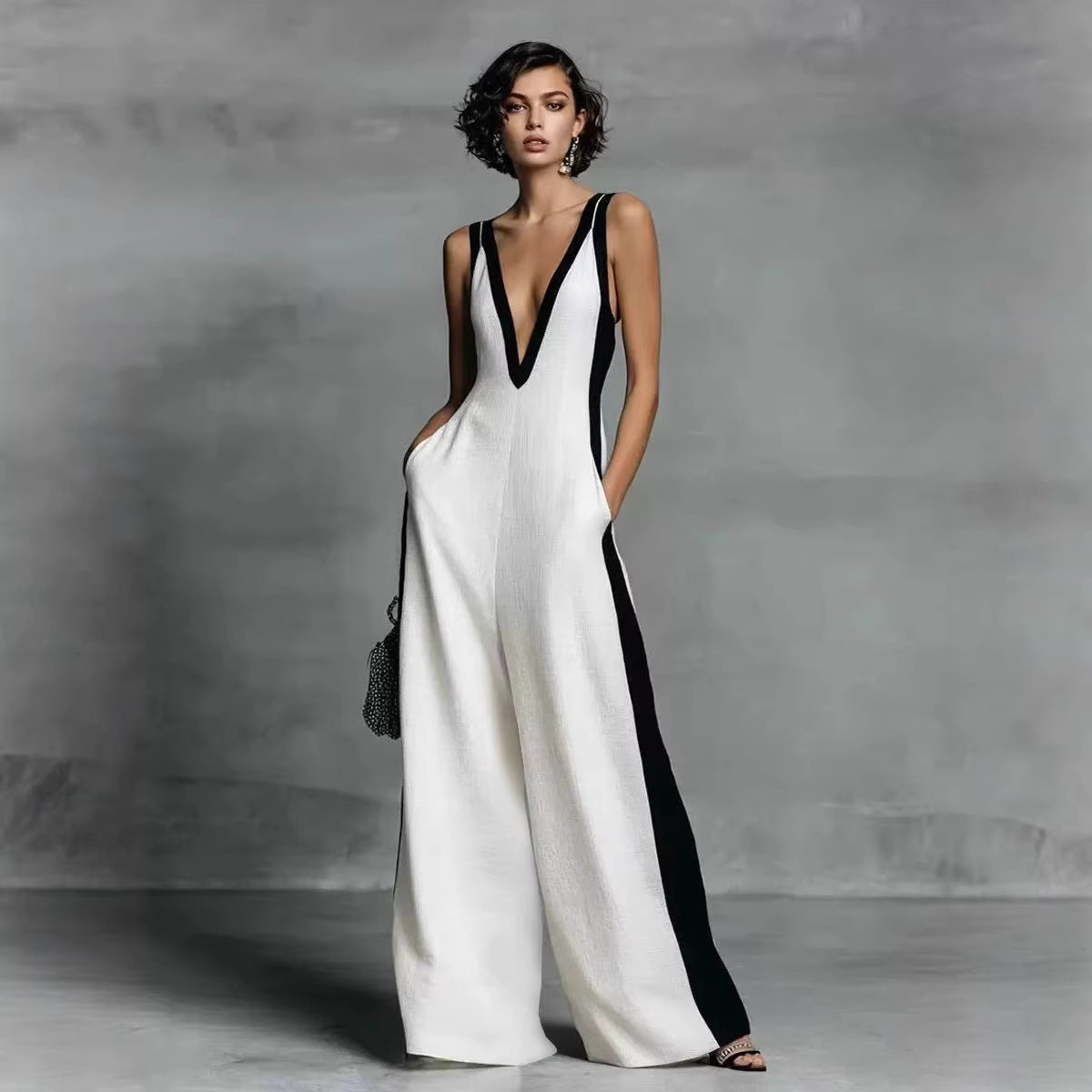 Fashion Color-block Sleeveless V-neck Wide-leg Jumpsuit for Women 