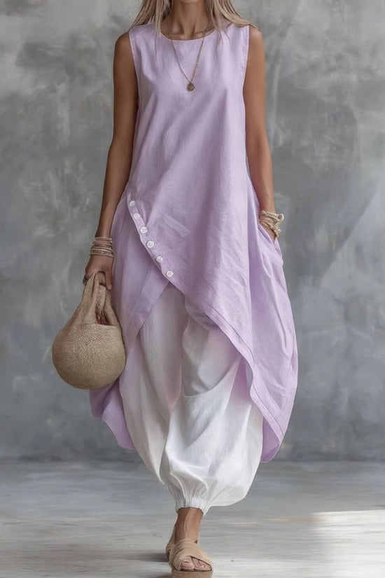 Solid Color Sleeveless Loose Pocketed Mid-Length Dress Set 