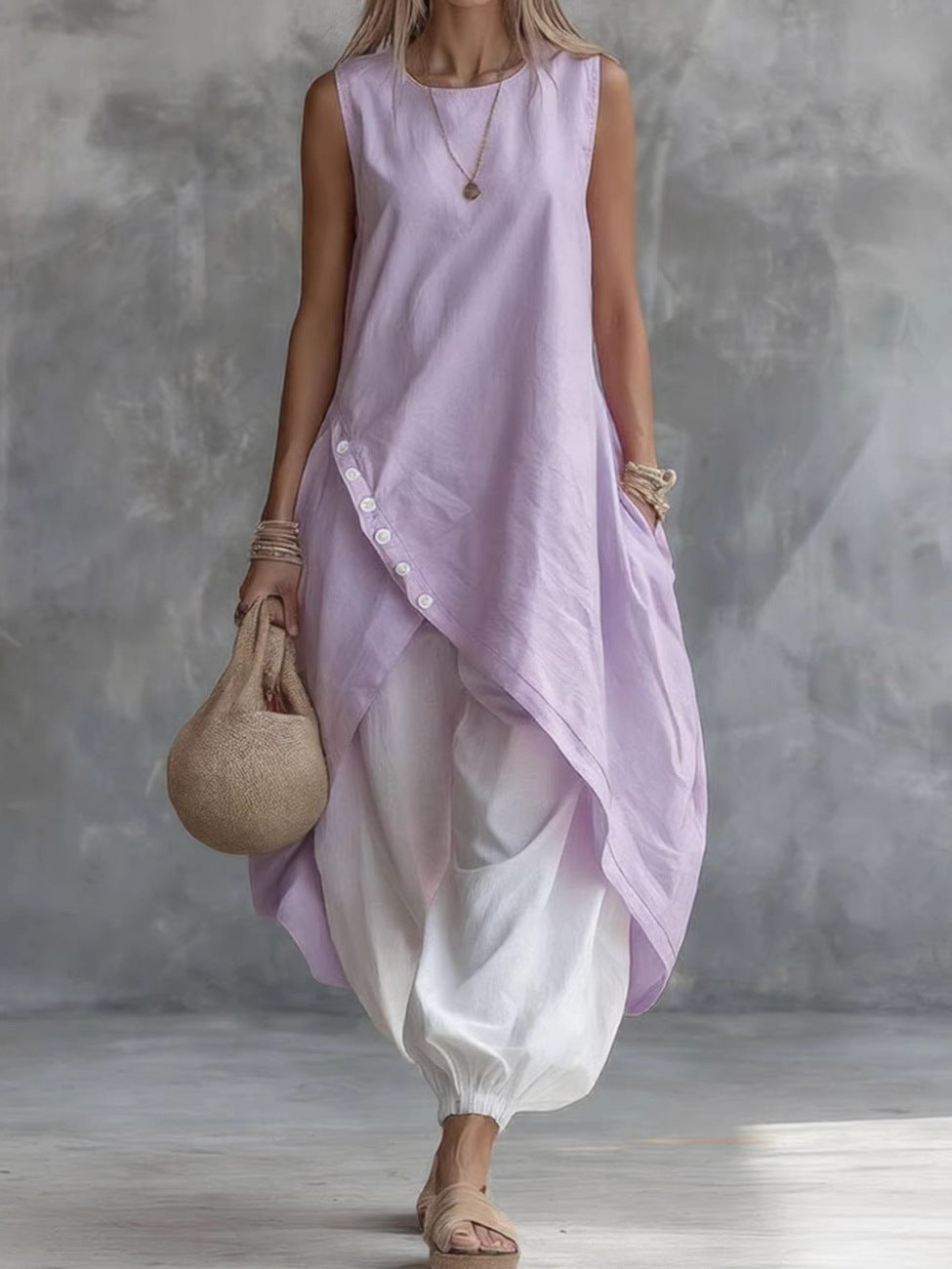 Solid Color Sleeveless Loose Pocketed Mid-Length Dress Set 