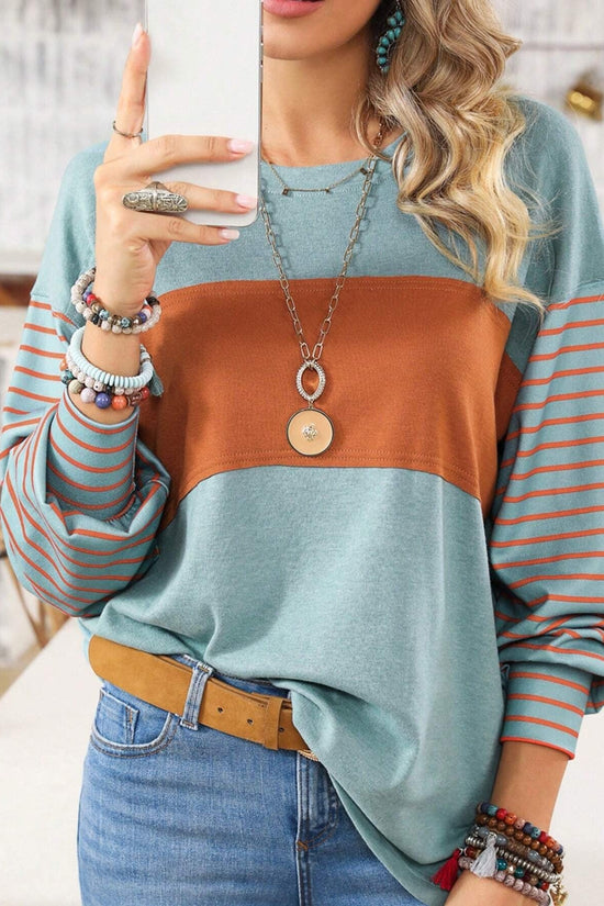 Women's casual color-blocked striped long sleeve round neck pullover t-shirt 