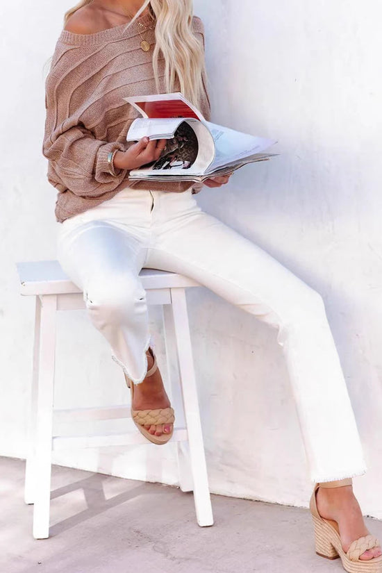 Straight Leg Ankle-Length White Raw Hem Denim Pants T Casual Wear 